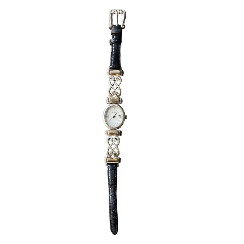 Brighton‎ Champagne Women's Oval Dial Silver Tone Black Leather Band Watch